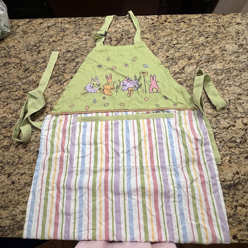 MuKitchen Easter Bunny Garden Apron Green Pastel Stripe Adjustable Pocket Bib